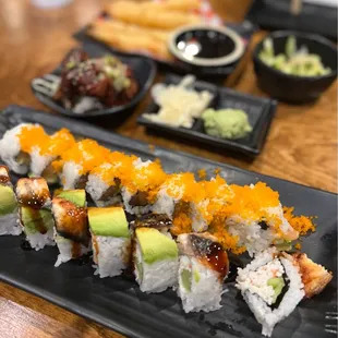 Shrimp Tempura * Cucumber Salad * Korean Fried Chicken * Lisa Lisa Roll * Dragon Roll