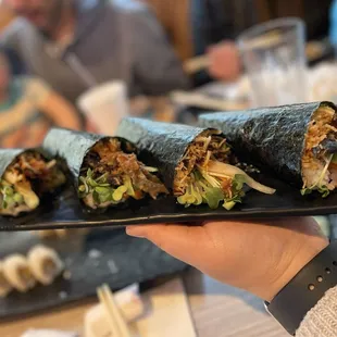 Salmon skin hand rolls