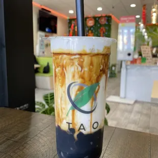 Brown Sugar Milk Tea with Boba and Coconut Milk!! So tasty, the coconut milk is surprisingly so flavorful