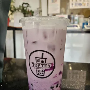 Ube Taro Milk Tea, Large, $ Boba. Mixed with the straw, per worker suggestion.
