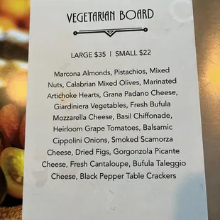 Vegetarian board menu