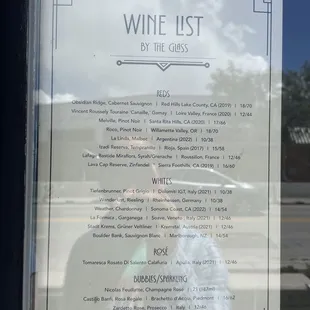 Wine list. Sorry about the reflection.