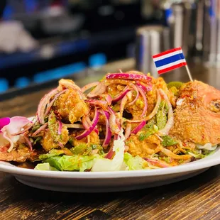 whole red snapper fish with homemade larb sauce