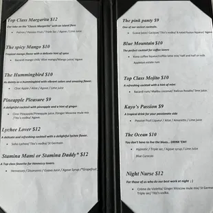 Signature cocktail menu