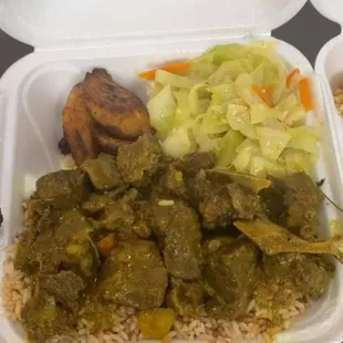 Ox Tails, Rice,  Cabbage, and Plantains