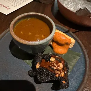 &quot;Snack&quot; plate - squid ink cracker, tortilla soup, corn empanada (art menu)