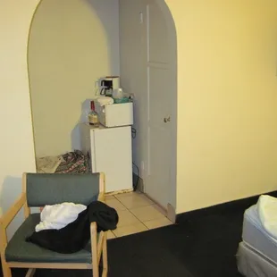 Inside of room, fridge and microwave