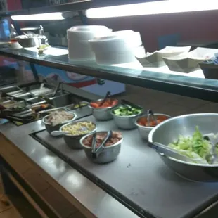 a variety of food items on a counter