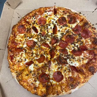 Pepperoni and Sausage . . . a meaty love affair of cured meats atop a steaming disc of cheese and bread. Nom!