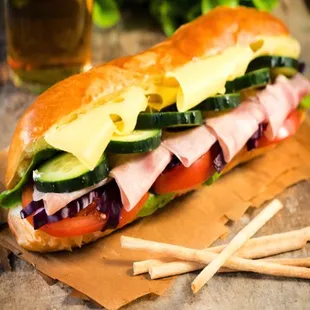a sub sandwich and french fries