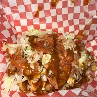 "Loaded cheese fries" w/ shredded chicken