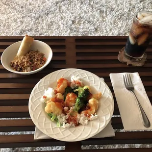 General Tso shrimp (sauce on the side), pork fried rice, and a spring roll. SO good!