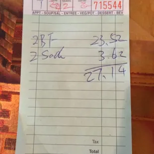 Check for 2 people for dinner with drink.