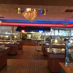 Overview of the buffet area. Huge rows of food!
