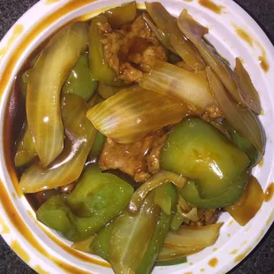 Pepper steak w/ onions (small)- $5.95. Lots of veggies!