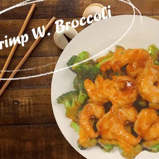 shrimp and broccoli with chopsticks
