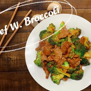 beef and broccoli with chopsticks