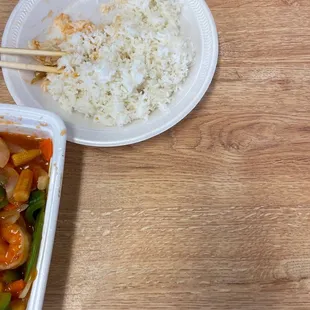 Rice provided, stained by sauce