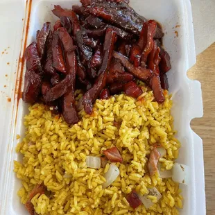 Boneless pork lunch comes with yellow pork fried rice &amp; eggroll $8.25.  Didn't like this (hard, tough, dry)