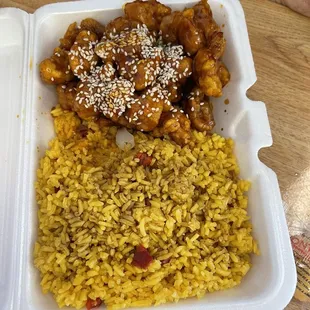 Sesame chicken lunch comes with yellow pork fried rice &amp; eggroll $8.25. Was pretty good.