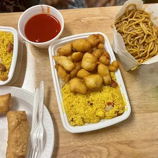 Sweet and Sour Chicken with Roast Pork Fried Rice, and Roast Pork Egg Roll