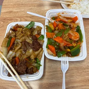 Left: beef chow fun Right: Hot and spicy jumbo shrimp