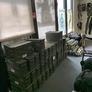 We carry surplus ammo cans, as of 10-16-19, we have 40mm long and low, 50mm and fat 50's!