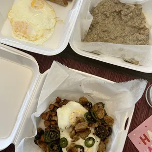 Biscuits and gravy, side order of eggs. Cajun hash.