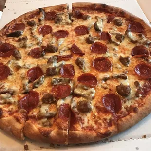 Sausage, pepperoni, &amp; gyro meat XL 16" pizza! It was $24 with tax, and we got it delivered. The absolute best pizza!!!