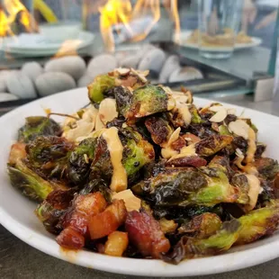 Sweet &amp; Spicy Brussels Sprouts (Crispy Brussels, Pork Belly, Arbol Chile, Crushed Almonds, Spicy Aioli, Sweet Soy)