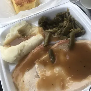OMG ... turkey &amp; dressing, cornbread, green beans, mashed potatoes &amp; gravy. DELICIOUS! And all for $7.99!