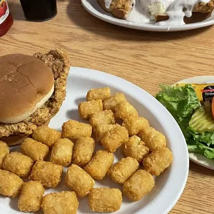 Pork tenderloin sandwich and tator tots