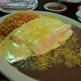 Cheese enchiladas - rice &amp; beans.