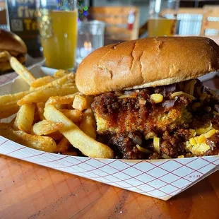 Special burger at the time - chili cheese with honey cornbread