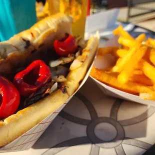 a hot dog and french fries