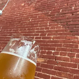 Freestate's Spycraft IPA against a big brick wall.