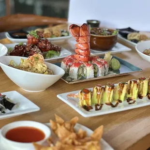 a variety of sushi dishes