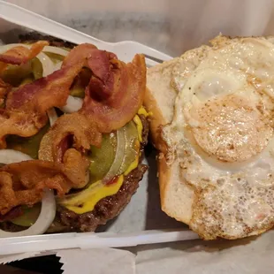 Torch burger with bacon and fried egg