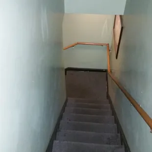 The only thing at the bottom of these stairs is the bathroom, the only other room at the "Torch Bar and Grill"