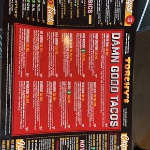 Menú for the tacos and sides