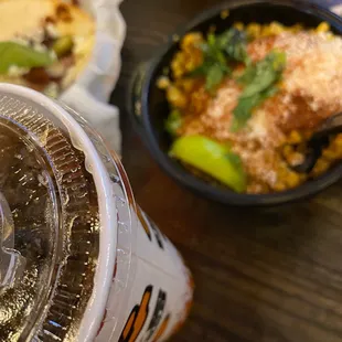 a close up of a drink and a plate of food