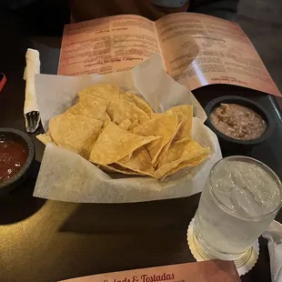 Chips with salsa and bean dip