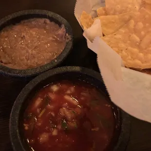 Free chips, refried beans, and salsa