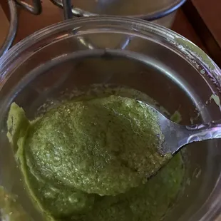The green cilantro cream salsa- this was my favorite of the trio they give you in the caddy. Ridiculously awesome! I finished it all!