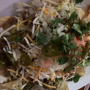 Appetizer nachos. Don&apos;t be fooled- there is so much ground beef on this plate. Share this with the table or make it your meal.