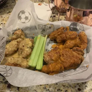 Five peppers of pain and garlic wings