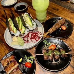 TEMAKI: spicy salmon, spicy tuna &amp; Lump Crab Meat Cucumber and Avocado. Rib Eye Steak-chimichurri, Wagyu Beef, Braised Pork Belly tare