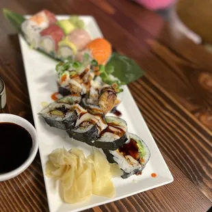 Rainbow roll and giant spider roll