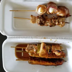 My skewers -tsukune, regular chicken skewers with and without onion, and bacon with quail eggs