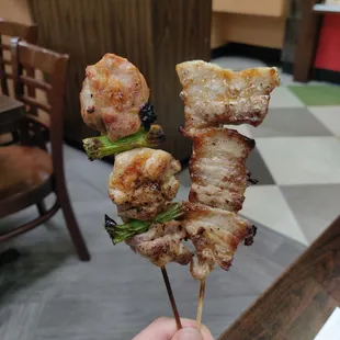 Chicken thigh (salt) and pork belly (salt) skewers